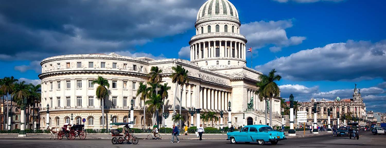 Cuba capital with palm trees and pedestrians